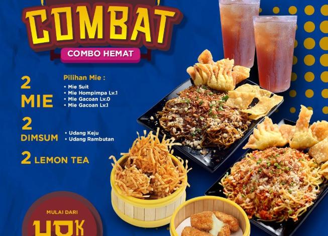Paket Gacoan Combat – Combo Hemat Isi 2 Mie, 2 Dimsum, dan 2 Lemon Tea